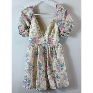 Indikah Floral‎ Mini Lace Trim Puff Sleeve Cottagecore Dress Women Size Small